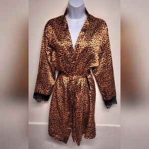 4 Piece Lingerie Set M/L Animal Print Breakfast Robe Teddy Lace Trim